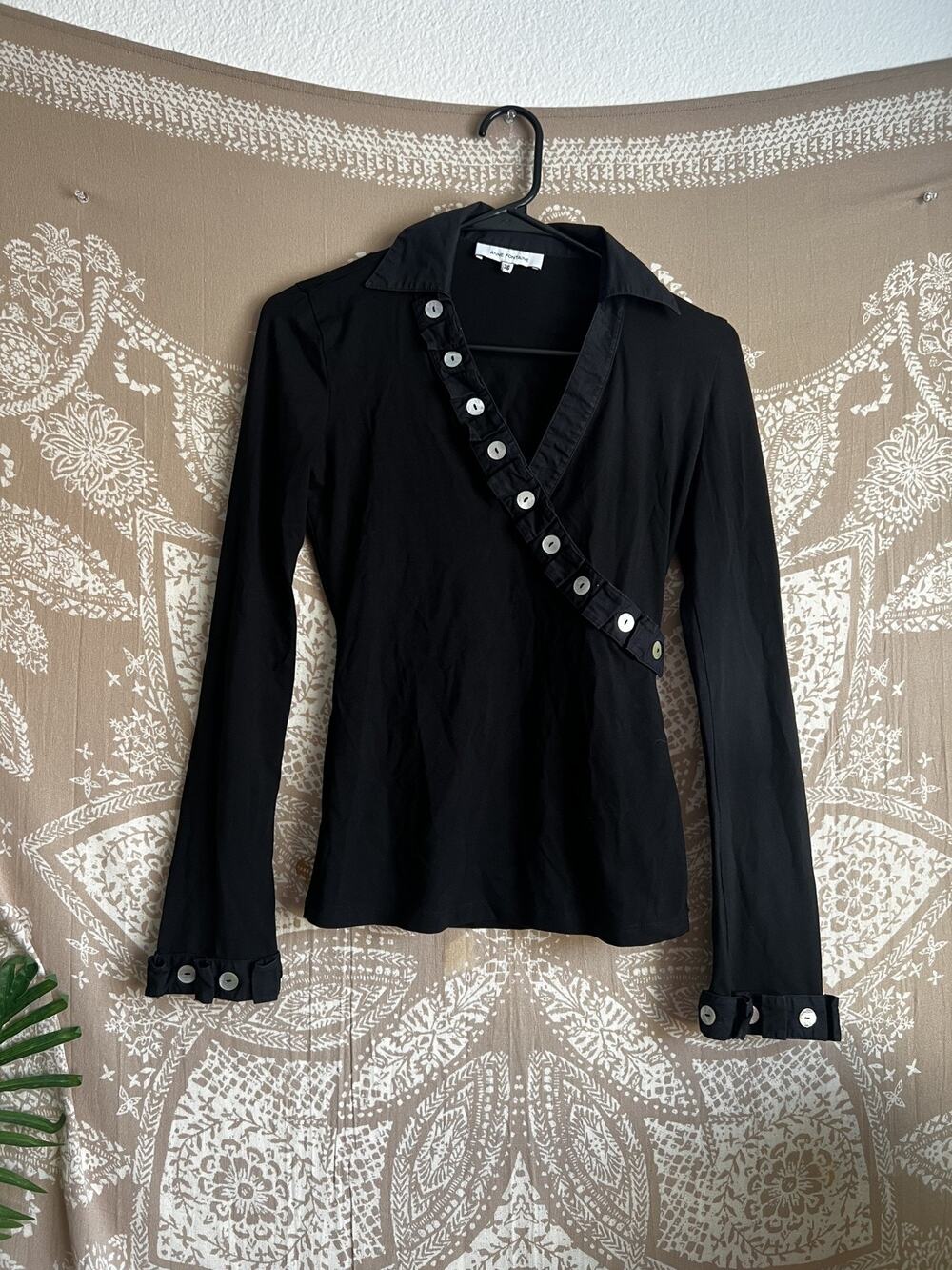 Anne Fontaine Black Button Down V-Neck Wrap Top Size 36